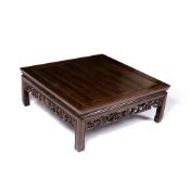 Hardwood square low table Chinese, with carved frieze, 107cm square x 41cm high