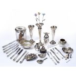 Collection of silver and white metal pieces to include: pair of posy vases, porringer, silver