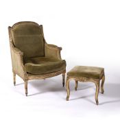Gilt wood fauteuil and stool French, late 18th/ 19th Century, with classical carved fluted wood
