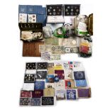 Large collection of pre-decimal coins to include: uncirculated proof sets, pennies, banknotes,