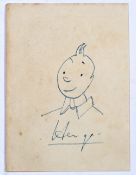 Attributed to Hergé (French,1907-1983) Tintin, Indian ink on paper, 11cm x 8.25cm and a copy of