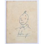 Attributed to Hergé (French,1907-1983) Tintin, Indian ink on paper, 11cm x 8.25cm and a copy of