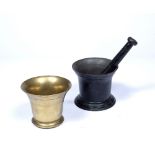 Brass mortar 19th Century, 9.5cm high and one other painted metal mortar and pestle (2)