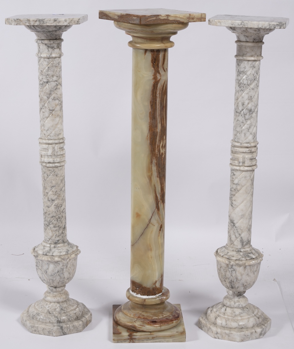 Pair of marble stands with spiral twist columns, 95cm high, 21cm across and an olive onyx column - Image 2 of 2