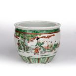 Chinese famille verte fish bowl Chinese, decorated to the exterior with a mother and children in a