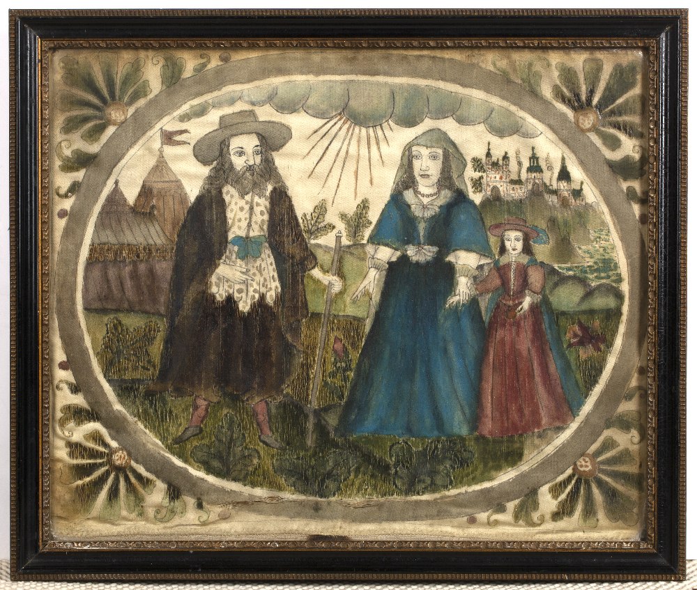 Silk study of a family group English, 18th Century, painted in a cartouche with three figures, set - Image 2 of 3