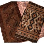 Kelim rug with geometric pattern, 156cm x 94cm, a Belouch rug with three medallions, 188cm x 105cm