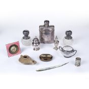 Collection of silver and silver plated items to include: silver mounted hip flask and cover