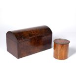19th Century dome topped tea caddy burr walnut, with cross banding across the top and body,