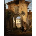 18th Century Italian School A Roman archway to a colonnade, with figures, paper laid on board,