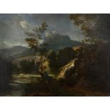 After Nicholas Poussin (French, 1594-1665) A windswept landscape with a girl clinging to a tree, oil