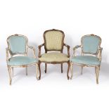 Pair of French style armchairs with upholstered seats and backs, and another similar