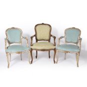 Pair of French style armchairs with upholstered seats and backs, and another similar