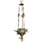 Brass sanctuary lamp with angel mounts, 74cm high, 26cm across