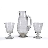 Victorian etched glass jug or ewer with Greek key motif, 22cm high and a pair of cut glass