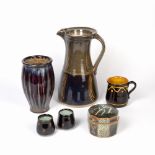 Collection of studio ceramics and pottery to include: Joe Finch (b.1947) tall jug, seal mark to