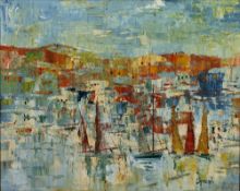 20th Century School 'Harbour scene' oil on canvas, indistinctly signed lower right, 38cm x 48cm