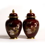 Carltonware Rouge Royale Pair of 'New birds of paradise' ginger jars, yellow printed script marks to