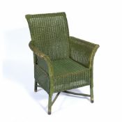 Lloyd Loom green painted wicker armchair, with white plaque to the underside of the chair, 87cm high