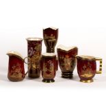 Carltonware Rouge Royale 'Mikado' and 'New Mikado' six vases and jugs, with painted script marks