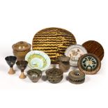 Collection of studio pottery to include: two combed slipware dishes, salt glazes storage pot and