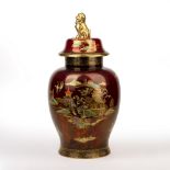 Carltonware Rouge Royale 'Mikado' large temple jar with gilt dog of fo finial, printed script