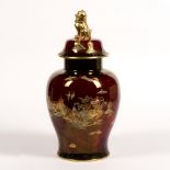 Carltonware Rouge Royale 'Mikado' very large temple jar with gilt dog of fo finial, printed script