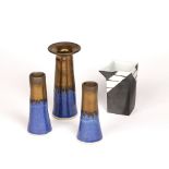 Bill Moore (b.1969) Three studio pottery vases with blue glaze and gold manganese rims, each with