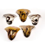 Biot French glass Five glass wall lamp shades, with abstract trailed glass decoration, all approx
