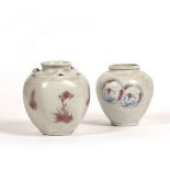 Malcolm Pepper (1937-1980) Two stoneware vases, one with red painted decoration and lugs, 16.5cm