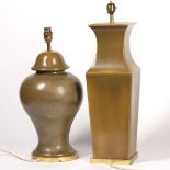 Contemporary two ceramic table lamps in the Chinese taste on brass bases, square example 52cm