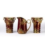 Carltonware Rouge Royale Two 'Spiderweb' vases and a jug in the same pattern, printed script marks