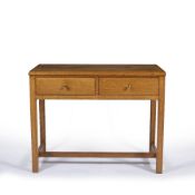 Gordon Russell of Broadway Oak side table, the two drawers with brass handles, stamped to the
