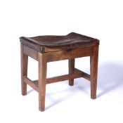 Arts and Crafts oak stool, with stretched leather top having bird decoration, 44cm x 43cm x 32cm