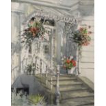 Jeremy Duncan (Contemporary) 'Untitled Cheltenham white doorway with hanging baskets' watercolour,