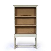 Cotswold School painted bookcase with hayrake style stretcher, 97cm x 182cm x 31cm