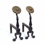 Arts and Crafts style Pair of wrought iron firedogs with brass finials, 15cm x 48.5cm x 37cm