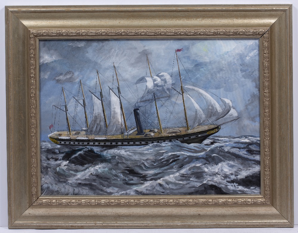 John Wilkins (20th Century British School) 'Six-masted ship' oil on board, signed lower right, 48. - Image 2 of 3