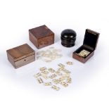 Collection of treen boxes to include a kingswood domino games box, with quartered top, lock plate