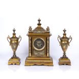 French three piece clock garniture set 19th Century, the silvered dial with Roman numerals and