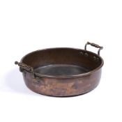 Victorian copper jam pan with twin handles, unmarked, 44cm across overall Condition: overall ok,