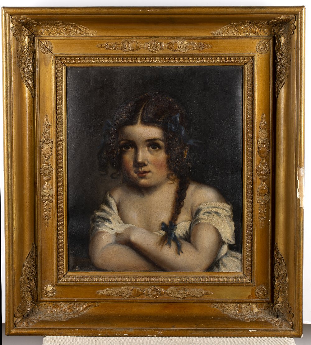 Late 19th Century English School portrait of a young girl, oil on paper, unsigned, 40cm x 33cm - Image 2 of 3