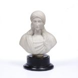 Alabaster bust of a lady on turned ebonised base, the figure with indistinct signature to the