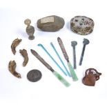 Group of pieces including a 19th Century beadwork oval box, 7.25cm x 6cm, a stone axe head with