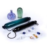 Collection of glass to include: two Nailsea style rolling pins, glass sweets, dump paperweight,