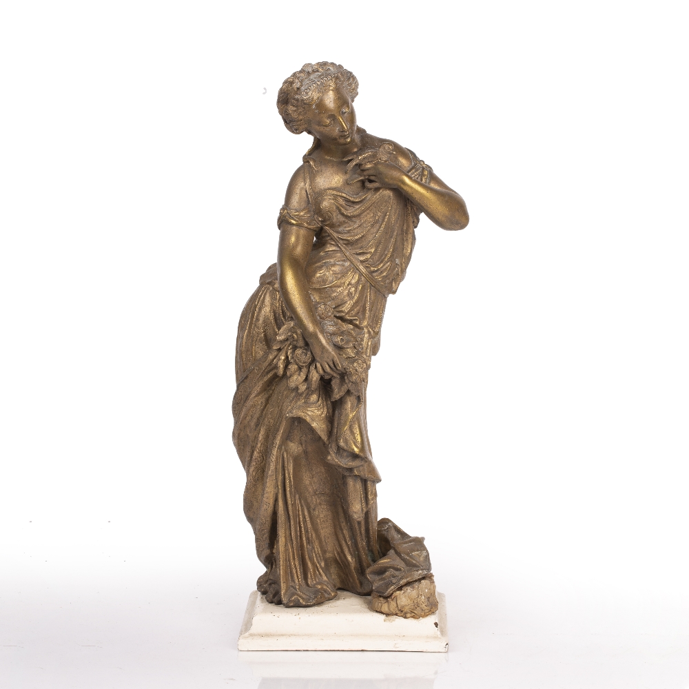Classical style figure of a female with a dove gilt painted metal, unsigned, on later painted
