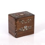 Rosewood and mother of pearl box 19th Century, with canted sides and silk lined fitted interior (