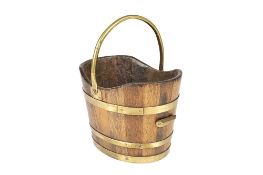 Coopered bucket made from old ship's timber, with brass mounts and handle, indistinct label, 38cm