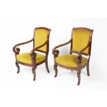 Pair of mahogany armchairs French Empire period, with scroll arms and supports, 58cm wide, 94cm high