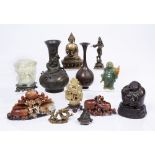 Group of Chinese pieces to include a bronze vase with dragon 23cm, four pieces of soapstone, a
